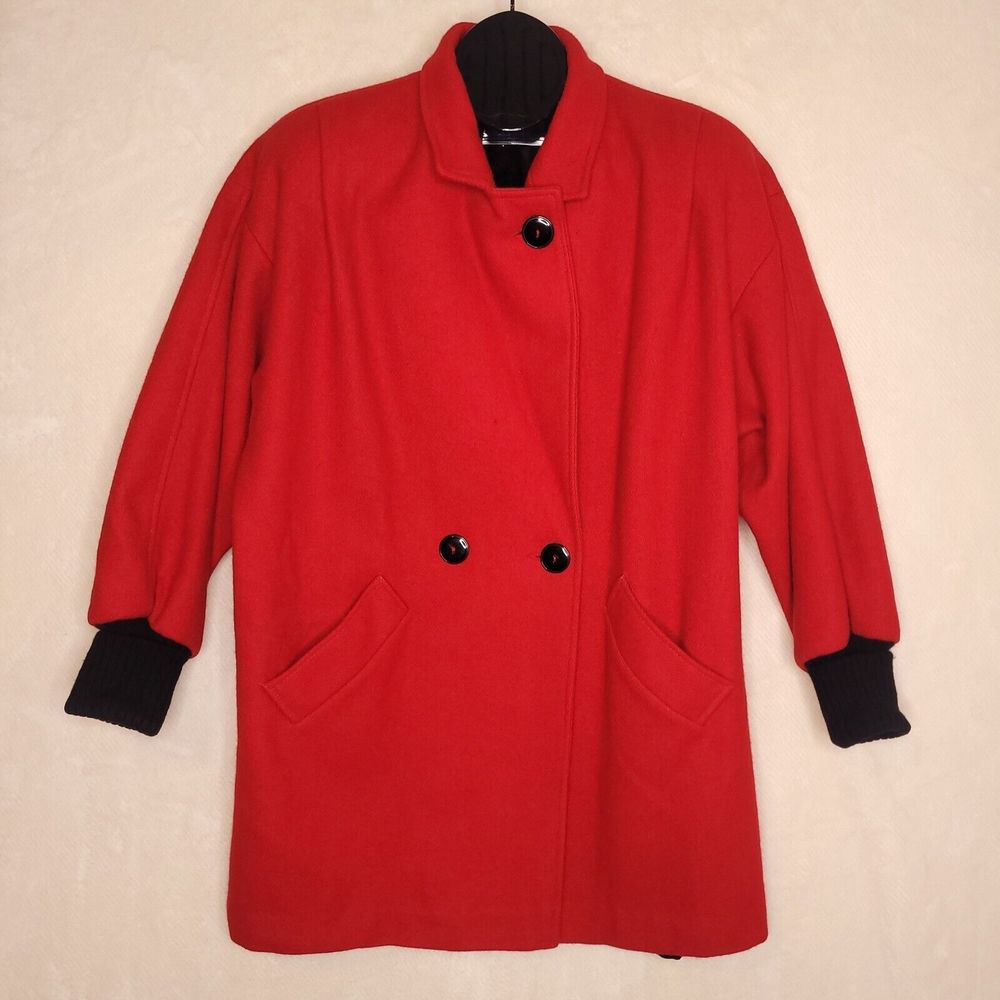 Vintage Red Wool Coat Womens Size Medium 2 Button Front Double Breasted 80s 90s